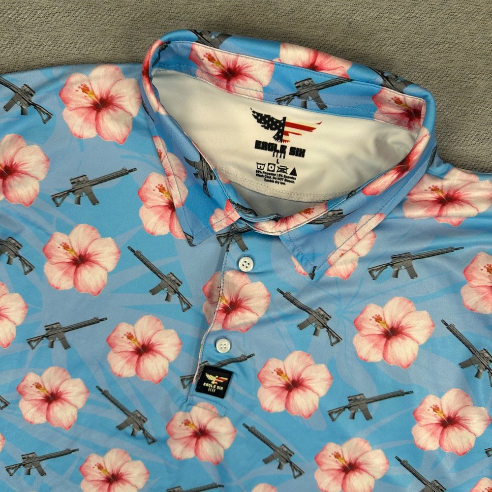 Eagle Six Gear Polo Shirt Mens Large Blue Hibiscus Rifle Print Performance AOP